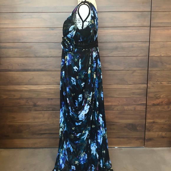 V Neck Beaded Silk Floral Blue Floor length Dress - Picture 2 of 3